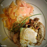 Shaved butternut squash and fennel salad with lemon vinaigrette and table cheese, toasted bread with lentils and caramelized onion topped with poached egg